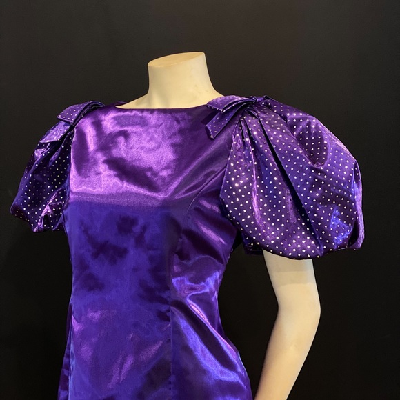 Vintage Dresses & Skirts - AMAZING Vintage Royal Purple Iridescent Statement Puff Sleeve Midi Dress